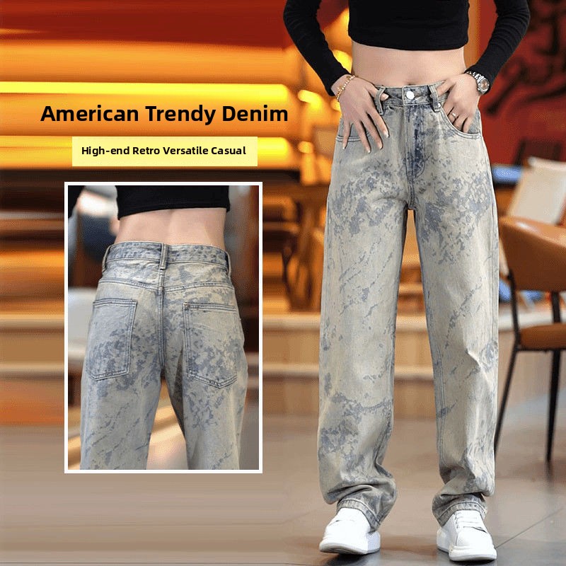 Urban Streetwear Brand - 2025年ニューアメリカンハイストリートトレンドブランド、レーザーエッチング加工ルーズストレートレッグジーンズ、メンズカジュアルファッション、都会風コットンブレンド