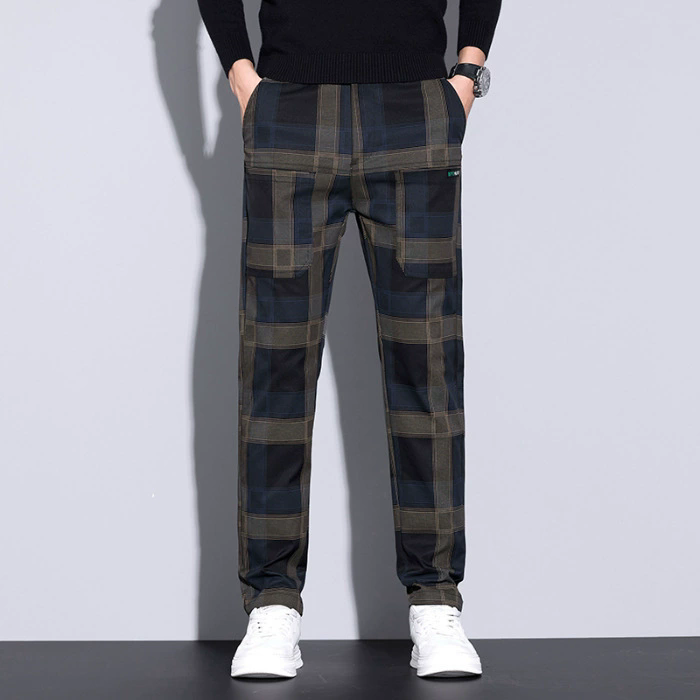 Urban Streetwear Brand - メンズチェック柄パンツ – スリムフィットカジュアルパンツ、春夏軽量、サイドポケット＆ブランドタグ付き、都会的なストリートウェア、日常着