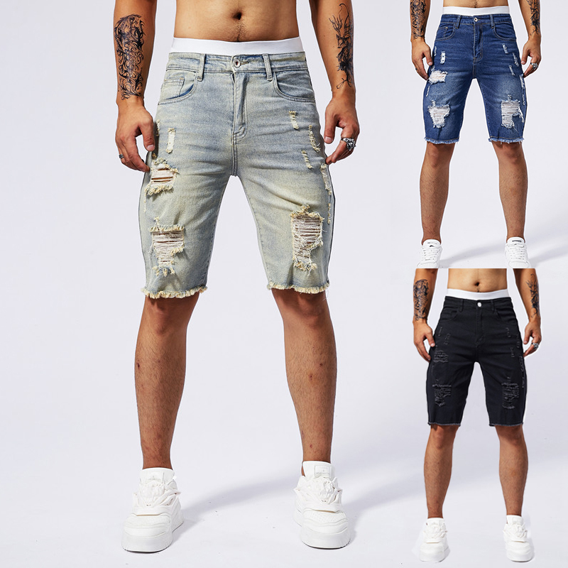 Streetwear Brand Vintage - 2025 夏の新メンズリッピングデニムショーツファッションヴィンテージ穴ストリートストレッチスリム膝丈ショートパンツトレンディなブランド男性