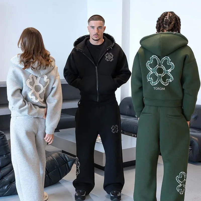 Streetwear Zipper - 春秋オーバーサイズ四つ葉のクローバーアップリケジップアップフーディートラックスーツセットメンズY2Kストリートウェアフリーススウェットパンツ2ピースアウトフィット