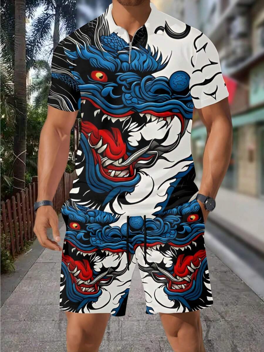Streetwear Zipper - メンズ3Dドラゴン柄ジッパーポロシャツカジュアルショーツセット ストリートスタイル 夏 ビーチバケーション カジュアルウェア 大人男性向け