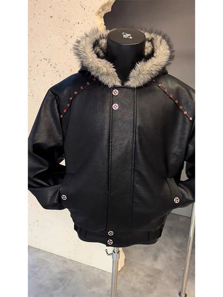 Urban Streetwear Brand - 毛皮の襟付きナチュラルボタンジャケットメンズフリースエンターテイメントアーバンパッド入りアウターバイカーボタンブランドグリーンポロストリートウェア