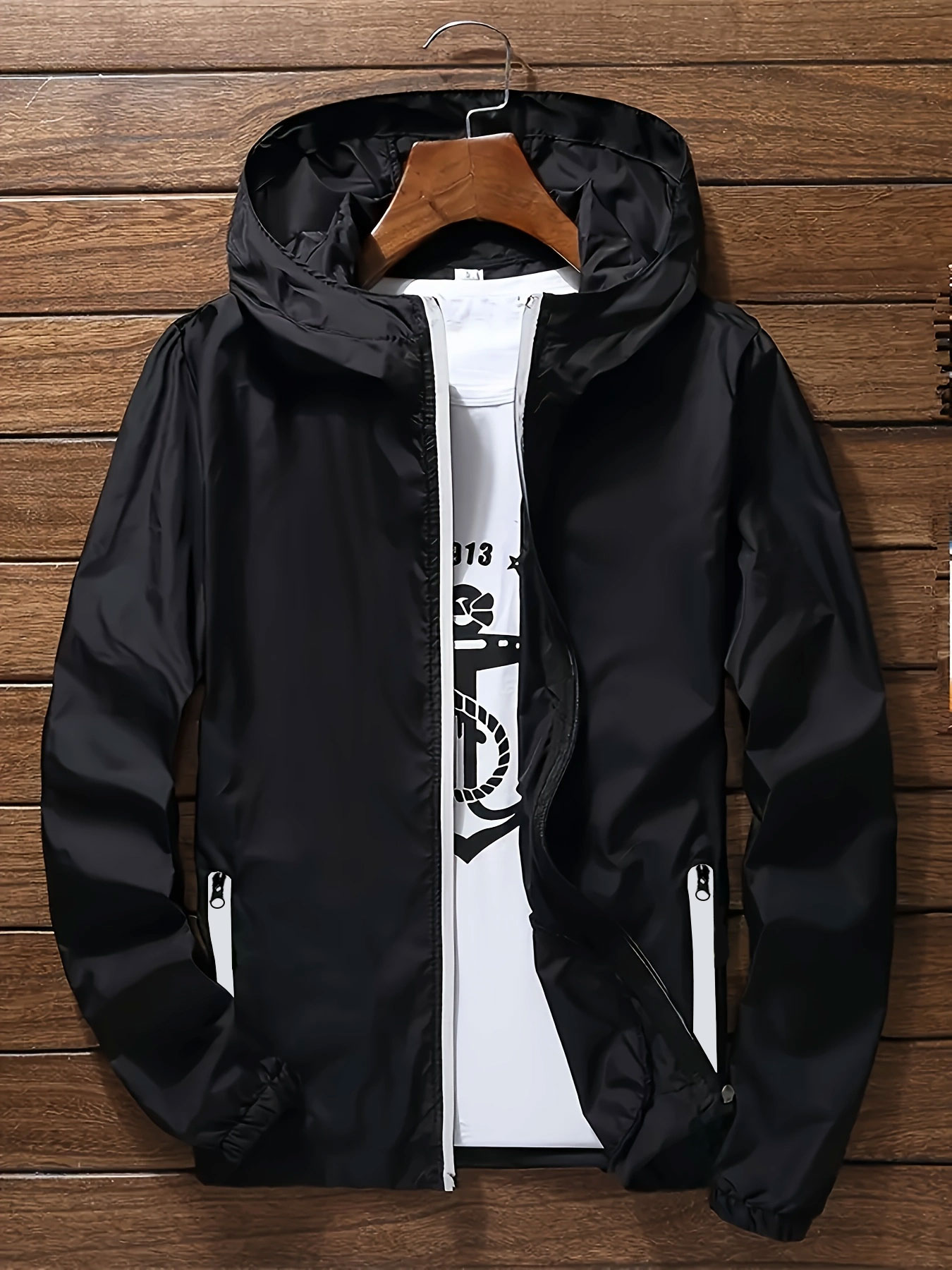 Streetwear Zipper - メンズプレミアム軽量フード付きウィンドブレーカー、速乾フルジップカジュアルジャケット、ジッパーポケット付き、ストリート＆アウトドアウェア用
