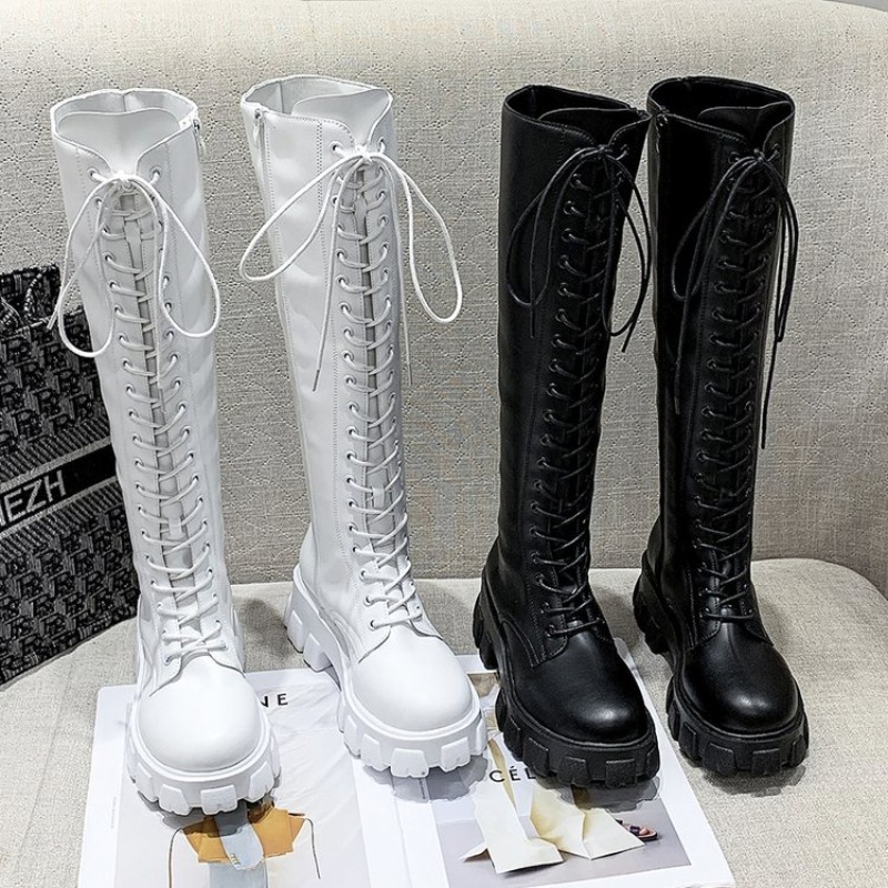 Streetwear Zipper - 女性用ニーハイブーツ、レースアップコンバットブーツ、プラットフォームラグソール、ラウンドトゥ、サイドジッパー、トール丈、冬用ストリートウェアフットウェア、黒と白