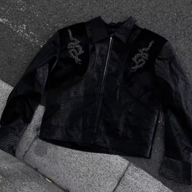 メンズ ブラック スネーク エンボス加工 ジャケット 背中刺 - Streetwear Zipper のレビューと価格