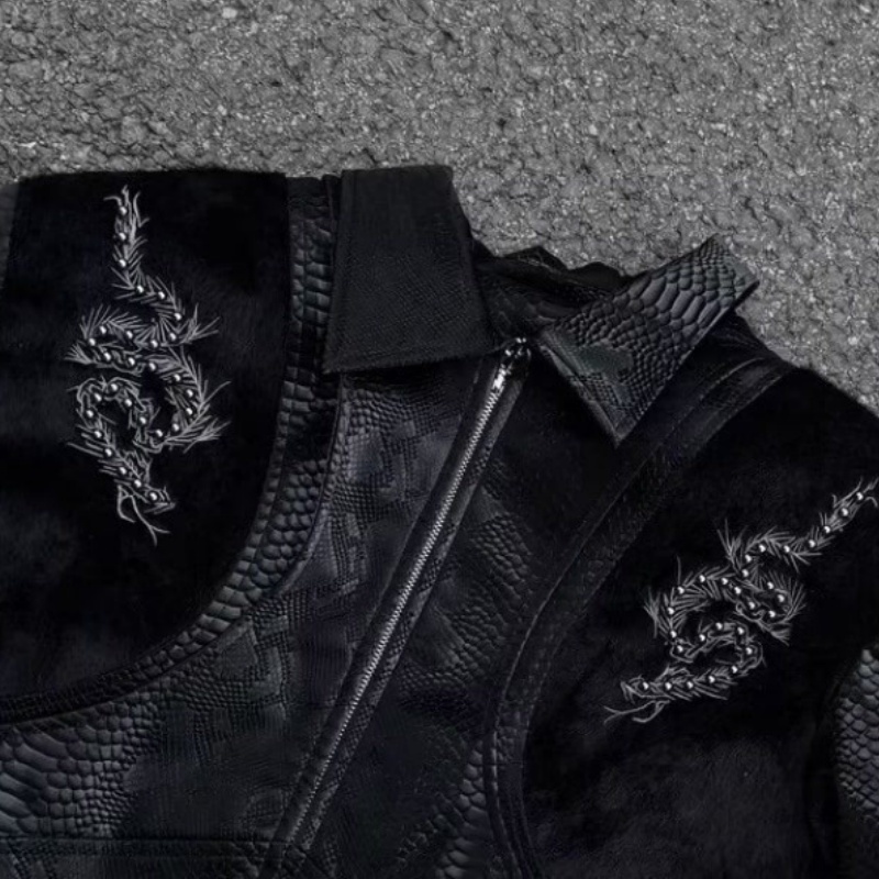 メンズ ブラック スネーク エンボス加工 ジャケット 背中刺 - Streetwear Zipper のレビューと価格