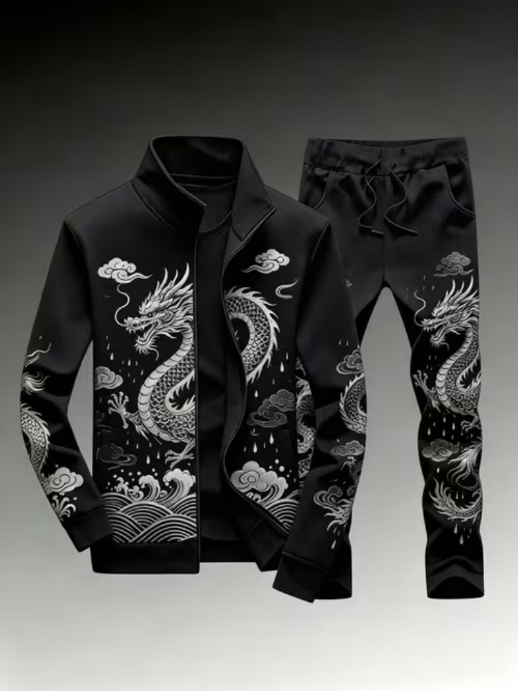 プラスサイズ メンズ カジュアル ドラゴン柄 ジャージ上下セ - Streetwear Zipper のレビューと価格