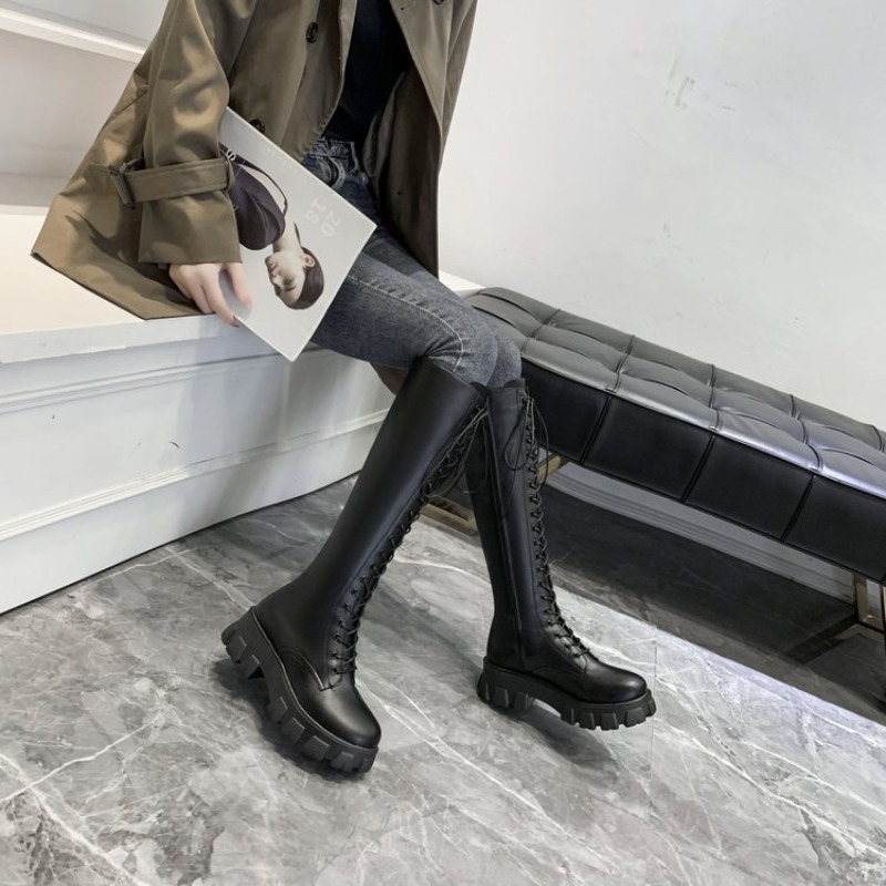 女性用ニーハイブーツ、レースアップコンバットブーツ、プラット - Streetwear Zipper のレビューと価格