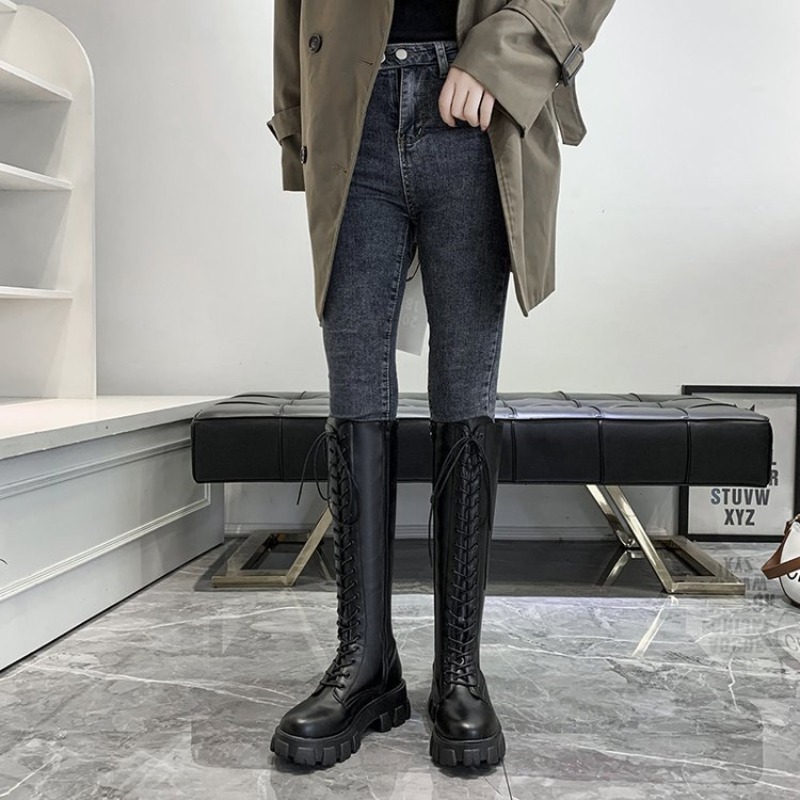 女性用ニーハイブーツ、レースアップコンバットブーツ、プラット - Streetwear Zipper のレビューと価格